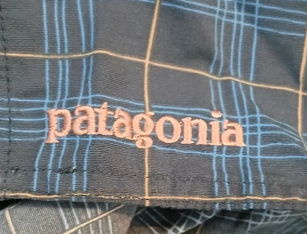 Patagonia Swim Trunks Mens 35 Blue Plaid Regular-Fit Lace-Up 100% Nylon Beach